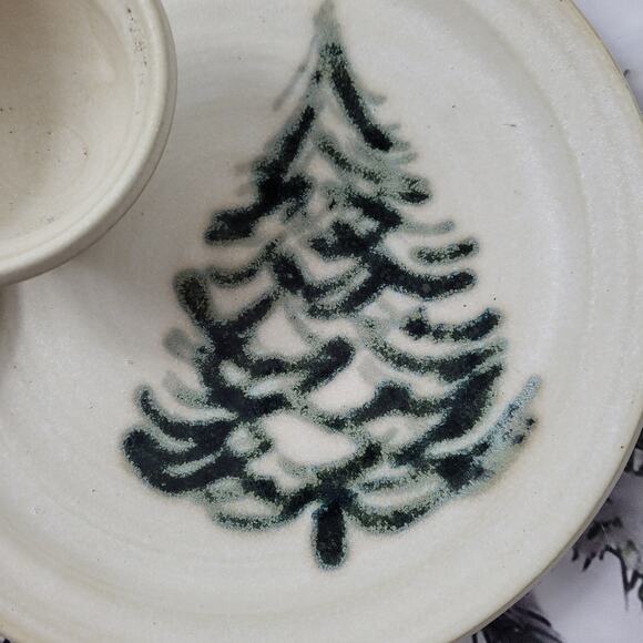 Handmade Studio Art Holiday Tree Serving Piece with attached Bowl - Picture 2 of 8